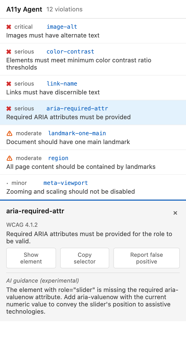 A11y Agent side panel showing 12 accessibility violations with severity levels, rule names, and AI-powered remediation guidance